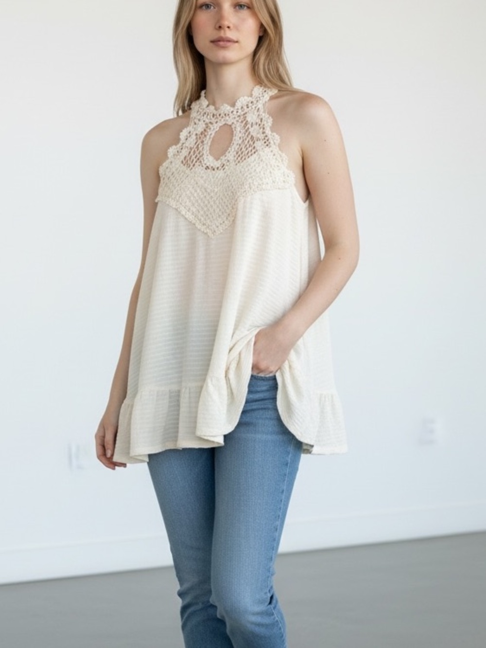 NWT Maurice’s Halter Ivory Tunic Top ( stock photo AI Generator)